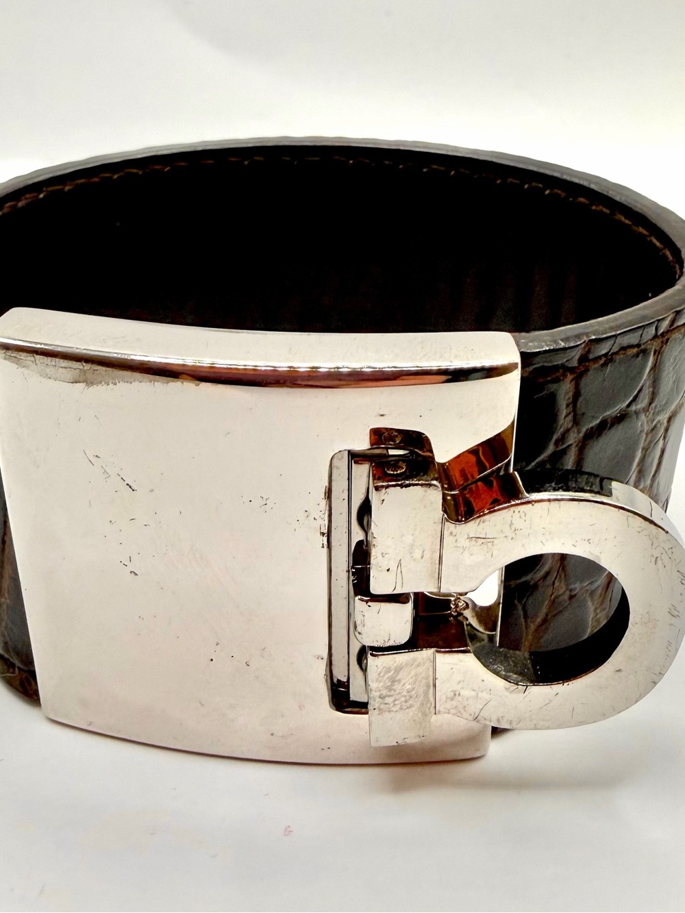 Salvatore Ferragamo Gancini Croc Embossed Brown Bracelet with Silver Buckle